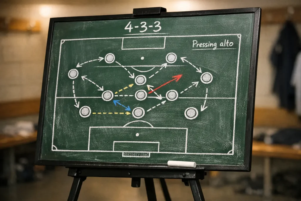 Lavagna tattica con schema di formazione di calcio e frecce disegnate con gesso