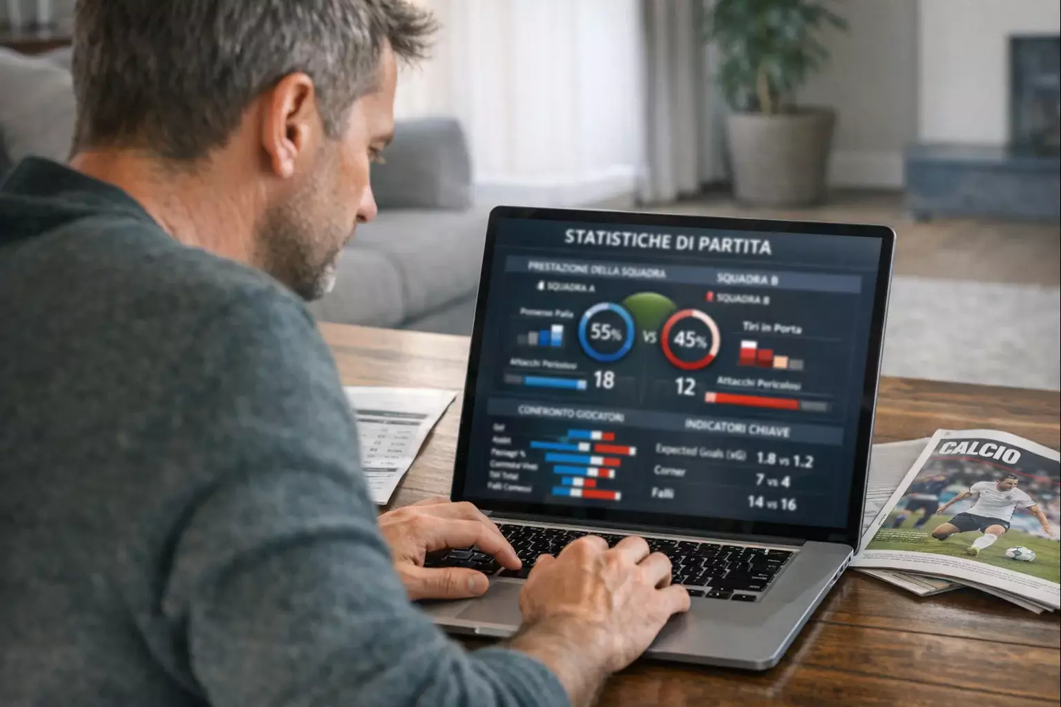 Esperto che consulta statistiche dettagliate delle partite su laptop