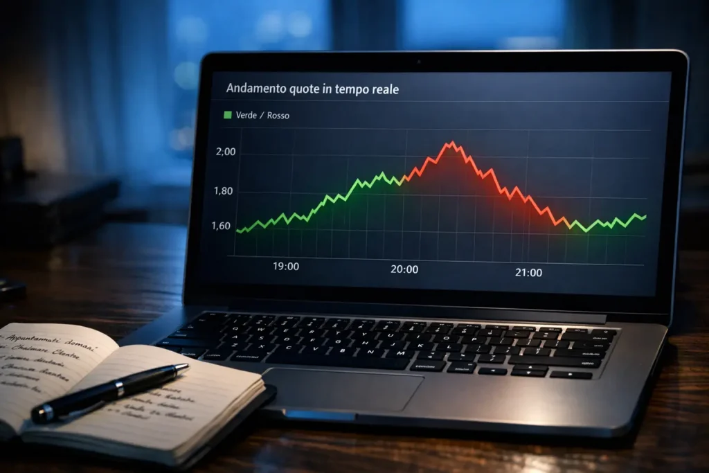 Schermo con grafico di quote in movimento durante una partita di calcio serale