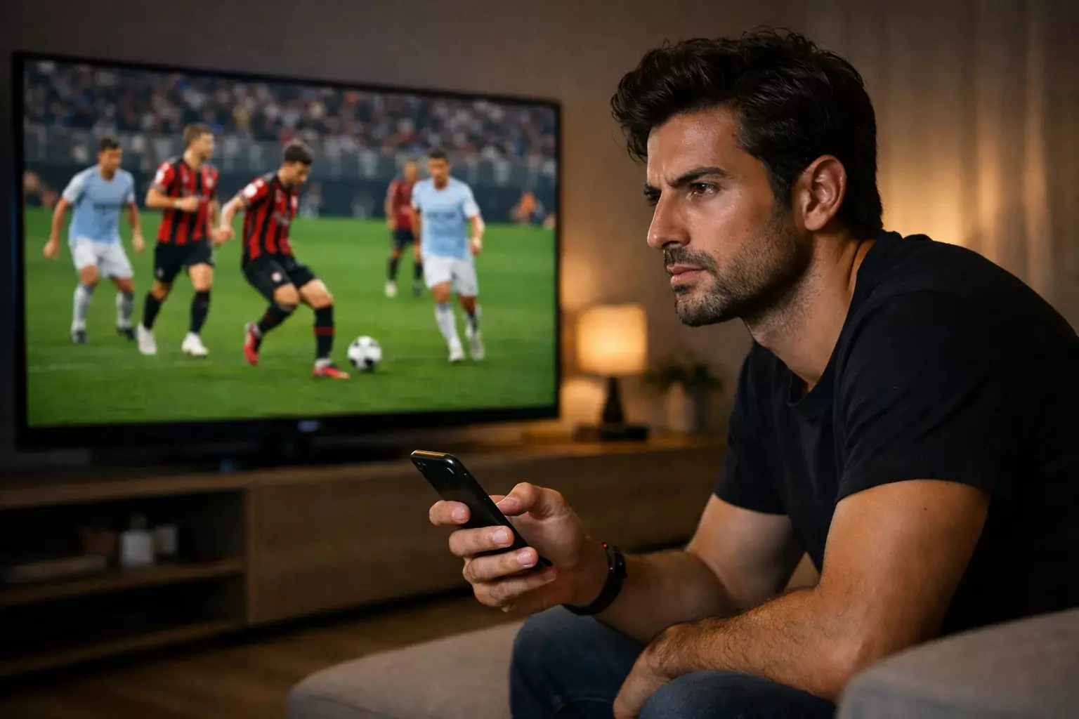 Tifoso concentrato guarda partita di calcio su schermo mentre analizza quote live