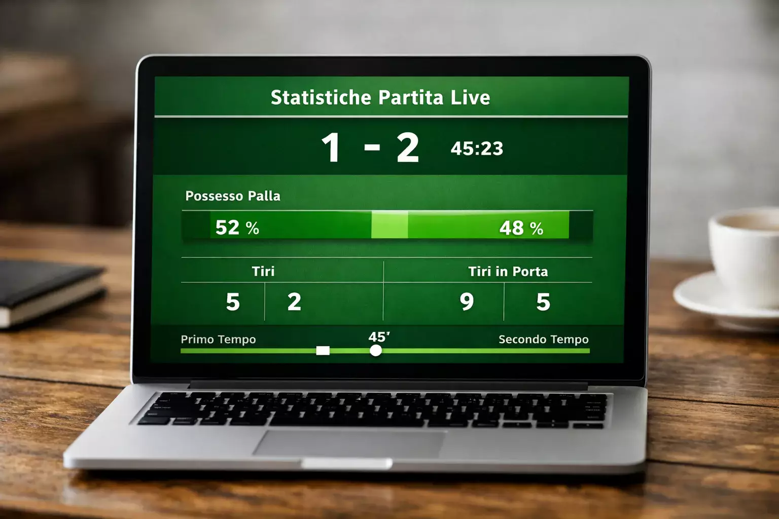 Schermata di statistiche live di una partita di calcio in corso