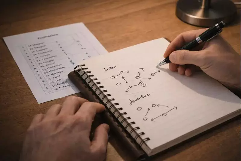 Persona prende appunti su blocco note mentre studia formazioni di calcio