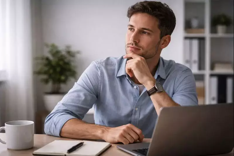 Persona pensierosa davanti a laptop con espressione riflessiva