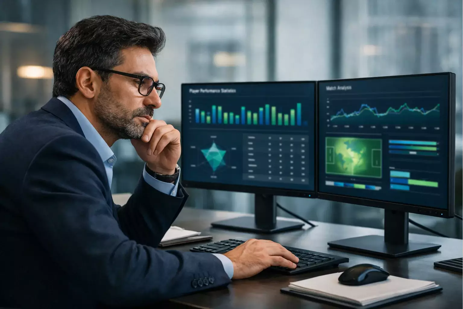 Analista esamina grafici e dati statistici di partite di calcio su monitor
