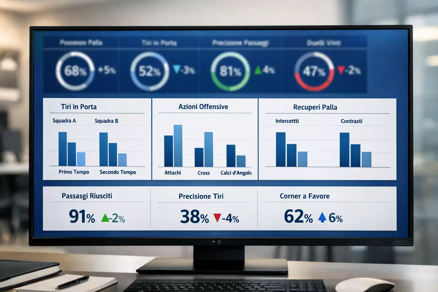 Dashboard con metriche di performance calcistica e indicatori chiave