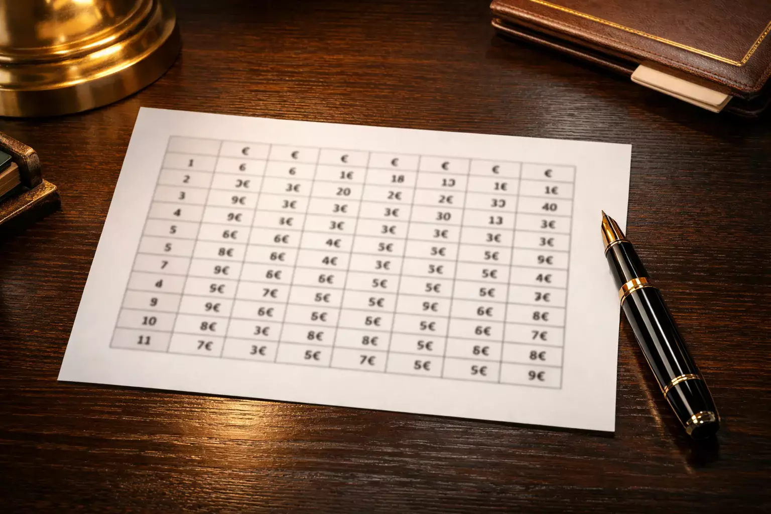 Foglio di calcolo con progressione numerica e simbolo euro su scrivania