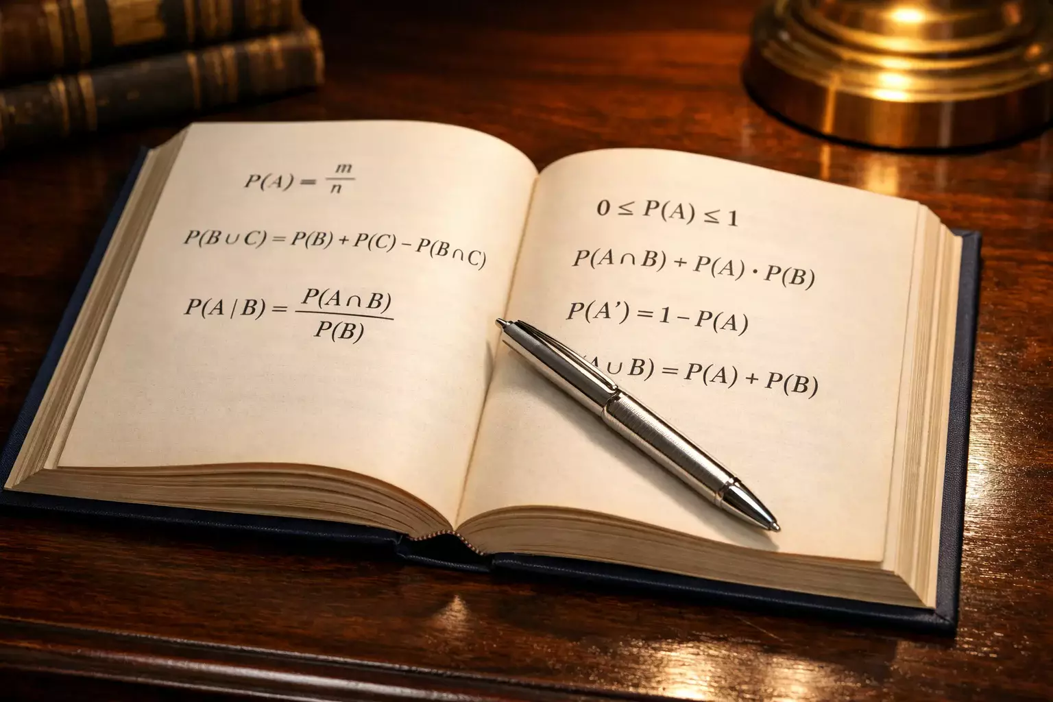 Libro aperto con formule matematiche e penna su tavolo di legno