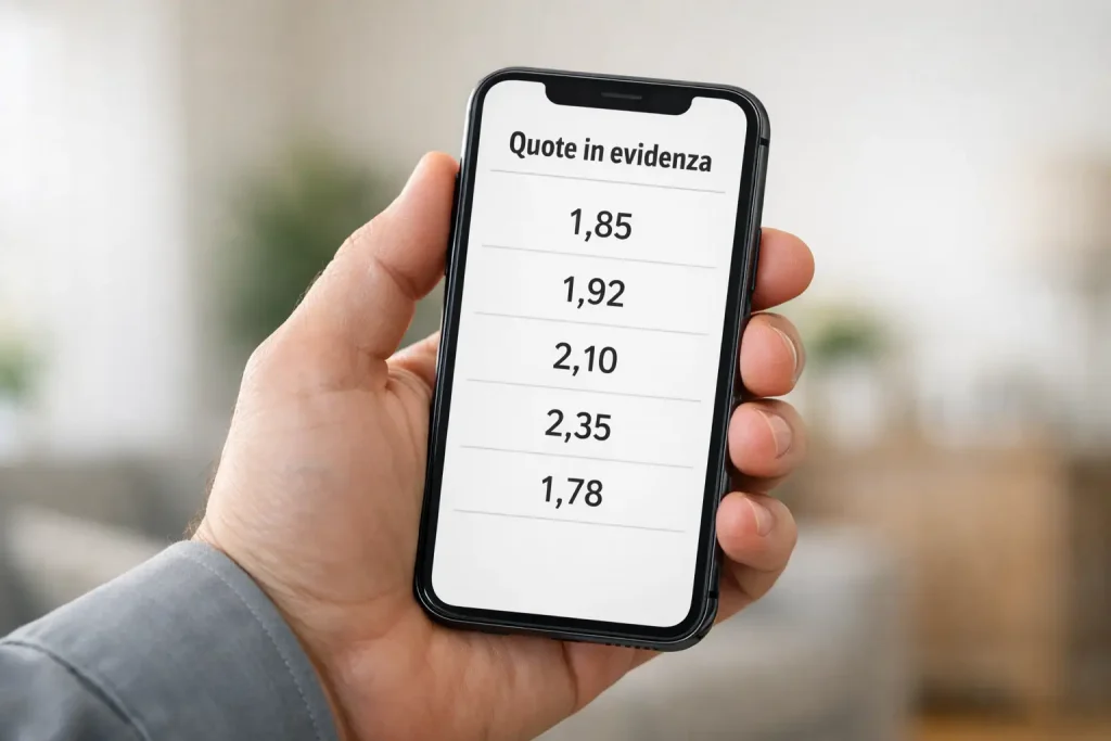 Mano che scorre su uno smartphone mostrando una lista di numeri e quote sportive