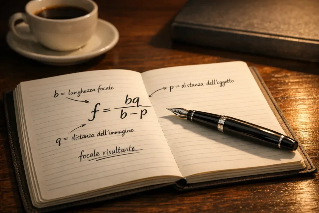 Quaderno aperto con formula matematica scritta a mano e penna su scrivania di legno