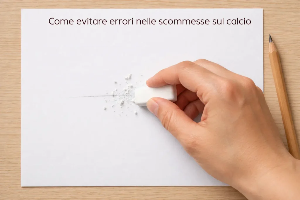 Mano che cancella con una gomma un segno di matita su un foglio bianco