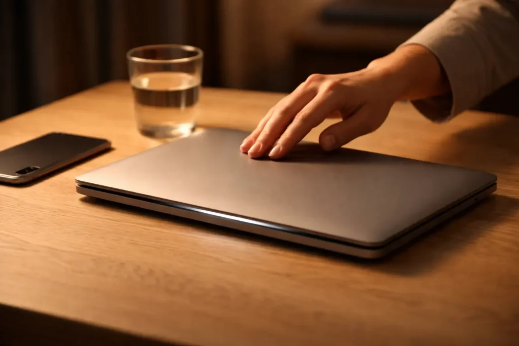 Mano che chiude un laptop su una scrivania ordinata con luce calda serale