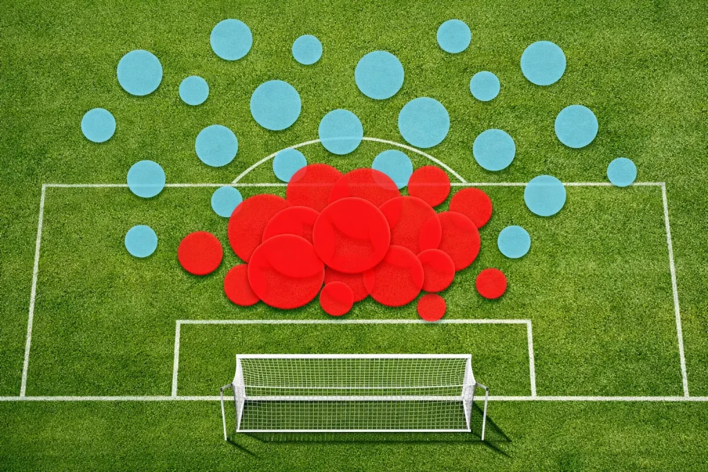 Campo da calcio visto dall'alto con posizioni dei tiri segnate come punti colorati