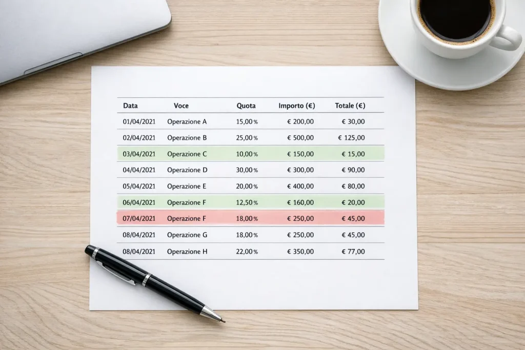 Foglio di calcolo stampato con colonne di dati e una penna appoggiata sopra