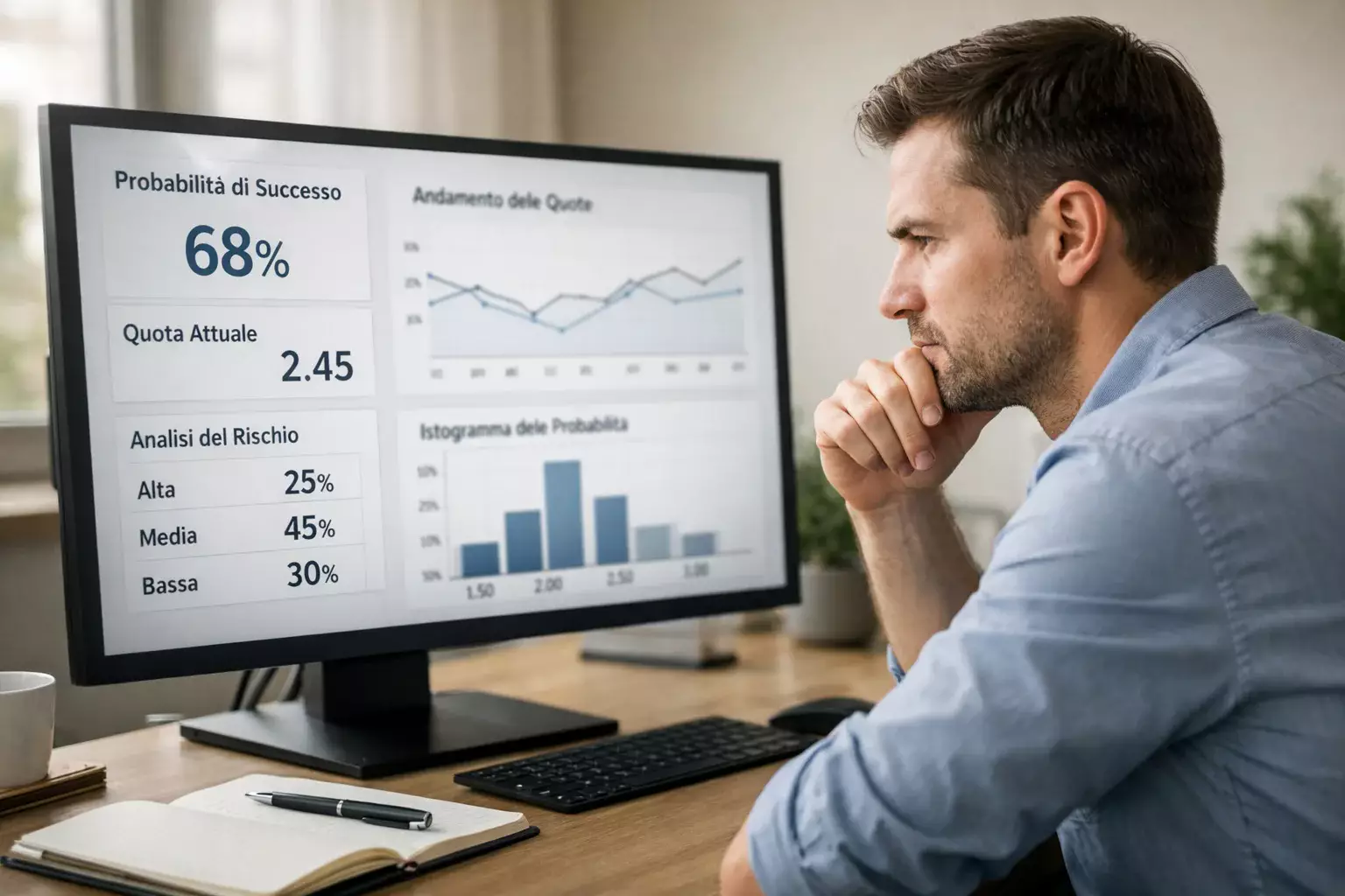 Analista che studia quote e probabilità su monitor con grafici statistici