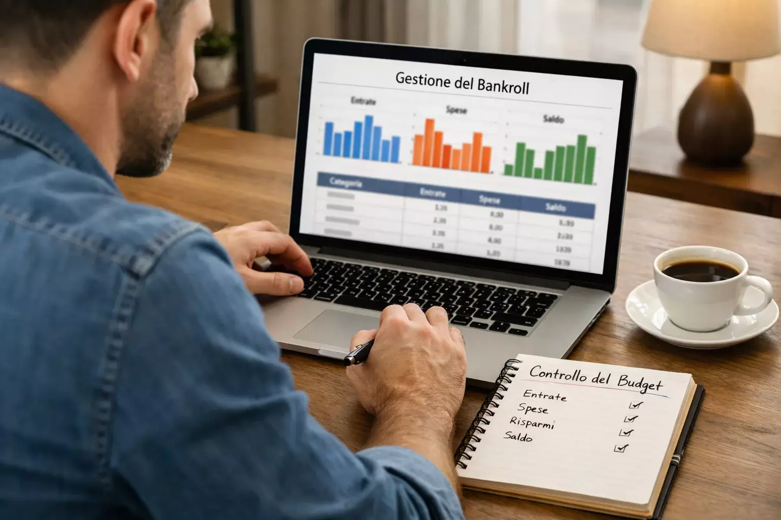 Professionista che organizza il proprio budget con foglio di calcolo e annotazioni