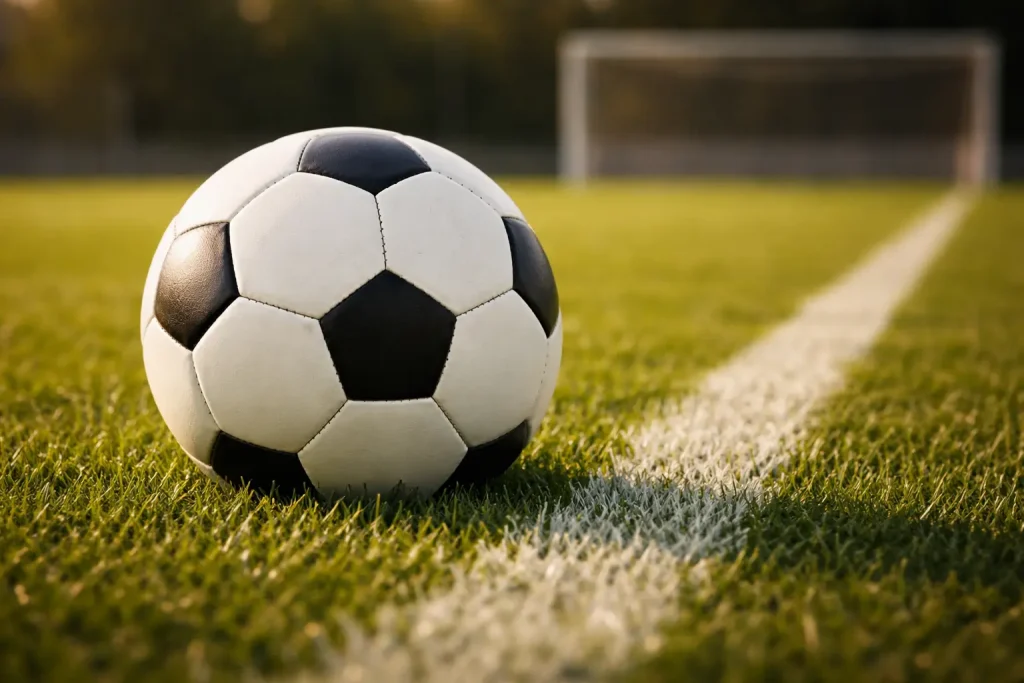 Primo piano di un pallone da calcio accanto alla linea bianca del campo in erba naturale