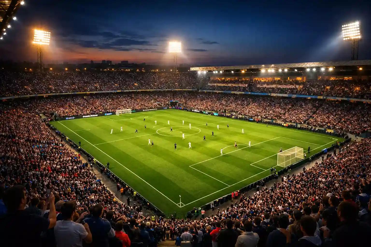 Stadio di calcio illuminato durante una partita serale con tifosi sugli spalti