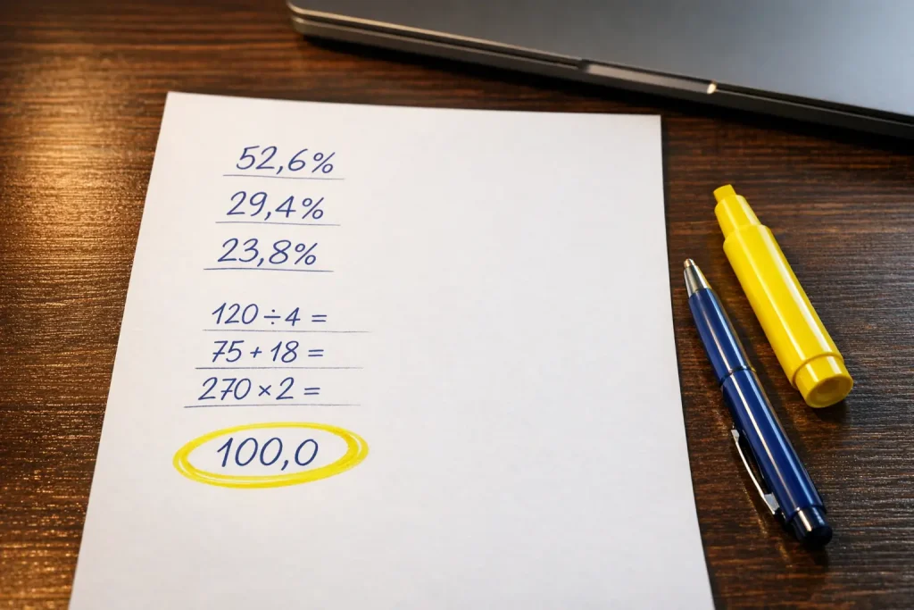 Foglio di carta con calcoli a penna e percentuali accanto a un evidenziatore su scrivania