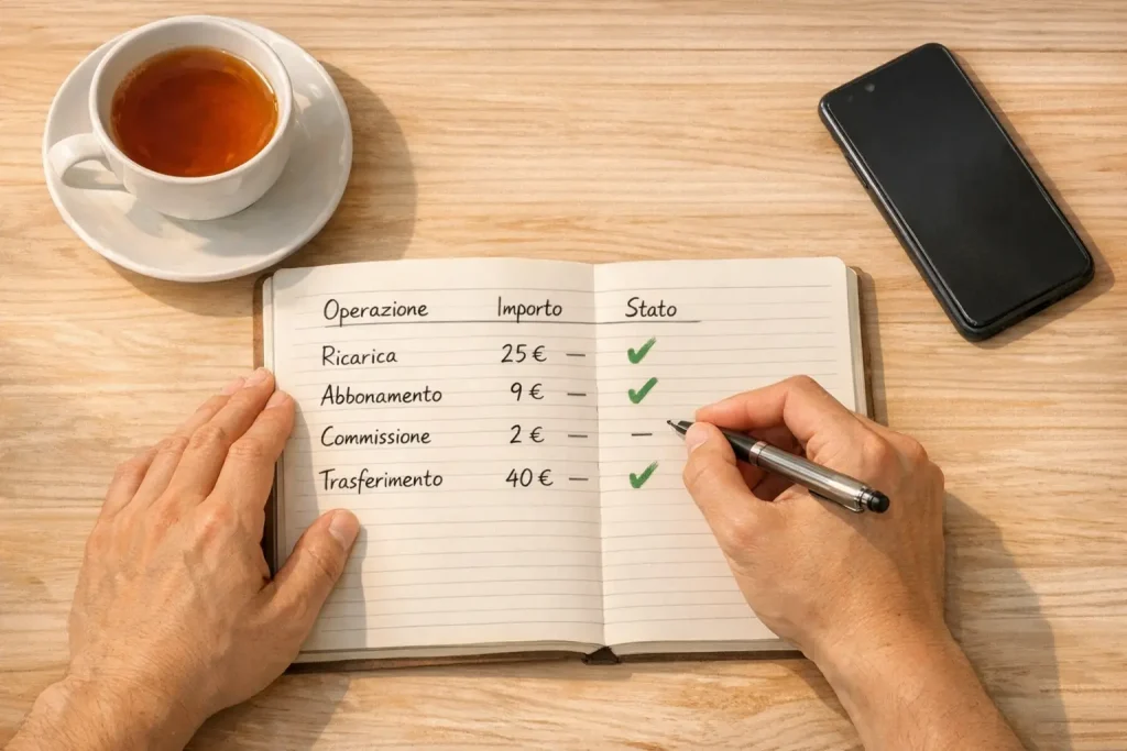 Persona che prende appunti su un taccuino con elenco di operazioni e risultati