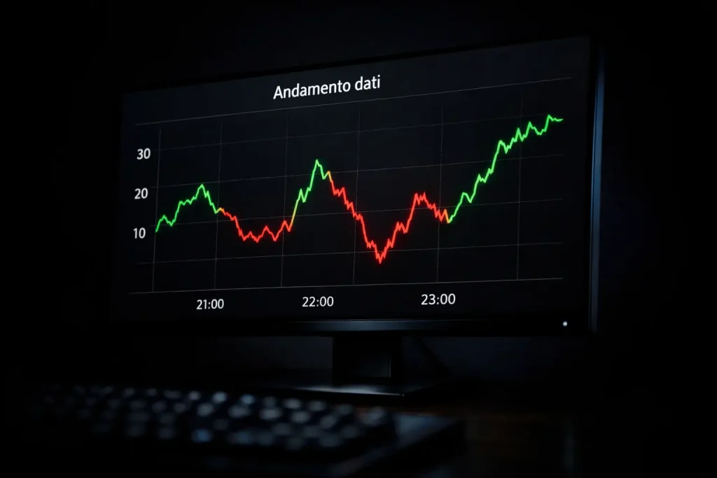 Schermo di un monitor che mostra grafici con linee in movimento su sfondo scuro