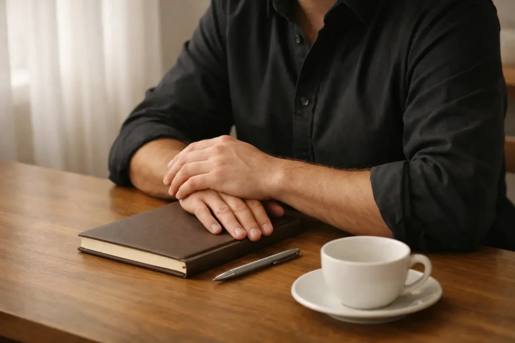 Persona concentrata seduta a una scrivania con le mani incrociate davanti a un quaderno chiuso