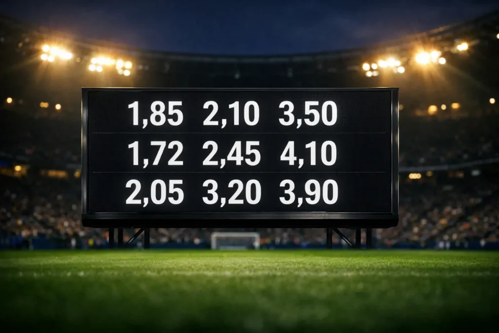 Tabellone con quote di scommesse calcio in uno stadio durante una partita serale