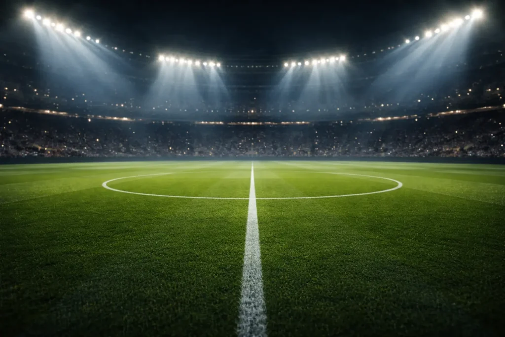 Campo da calcio illuminato di sera con cerchio di centrocampo e riflettori dello stadio