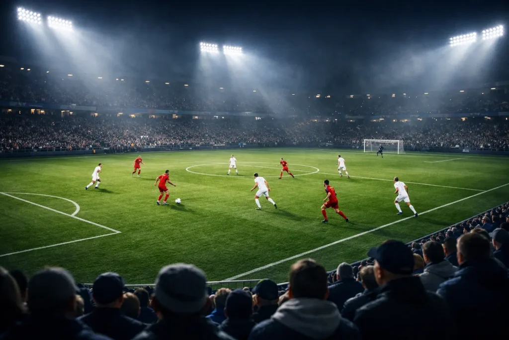 Stadio di calcio illuminato di sera durante una partita con tifosi sugli spalti