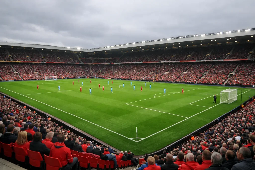 Stadio di calcio inglese con campo in erba verde e tribune rosse gremite di tifosi