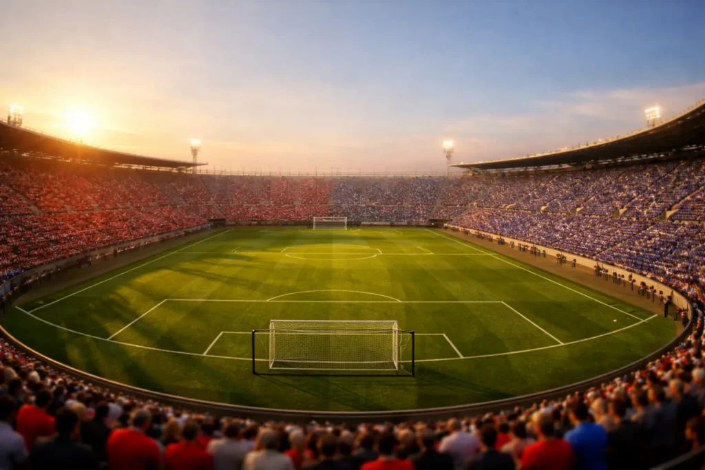 Stadio di calcio italiano con tribune e campo in erba verde visto dalla curva