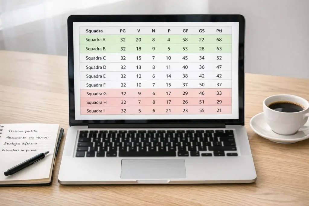 Laptop aperto su una scrivania con tabelle di statistiche calcistiche sullo schermo