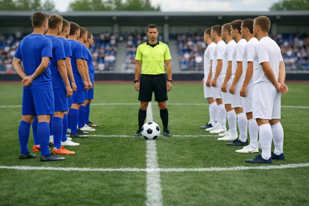 Due squadre di calcio schierate a centrocampo prima del fischio d'inizio su campo in erba
