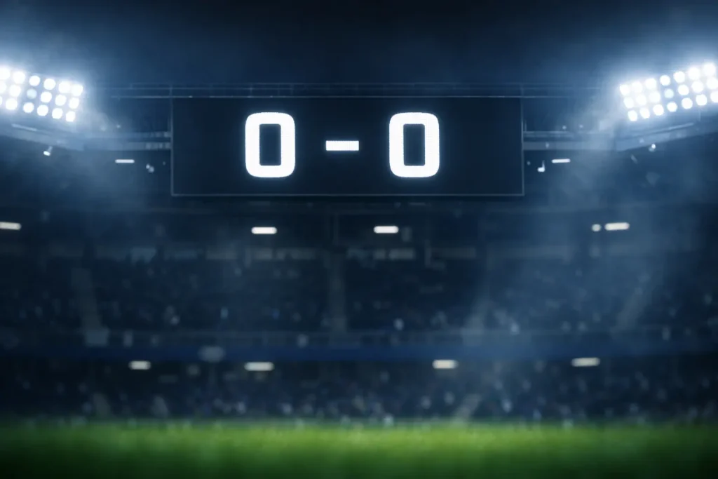 Tabellone segnapunti di uno stadio che mostra il risultato zero a zero