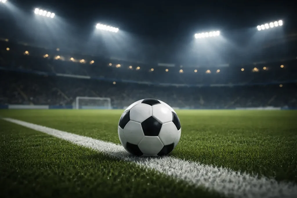 Pallone da calcio sulla linea del campo in uno stadio illuminato di sera