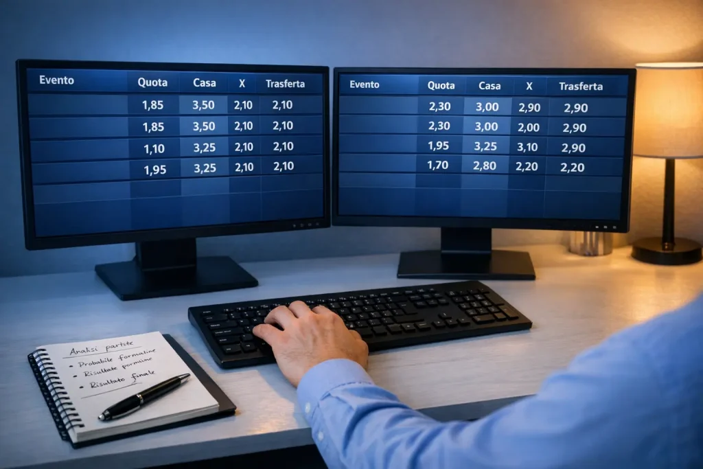 Più schermi affiancati che mostrano quote di partite di calcio in una postazione di lavoro