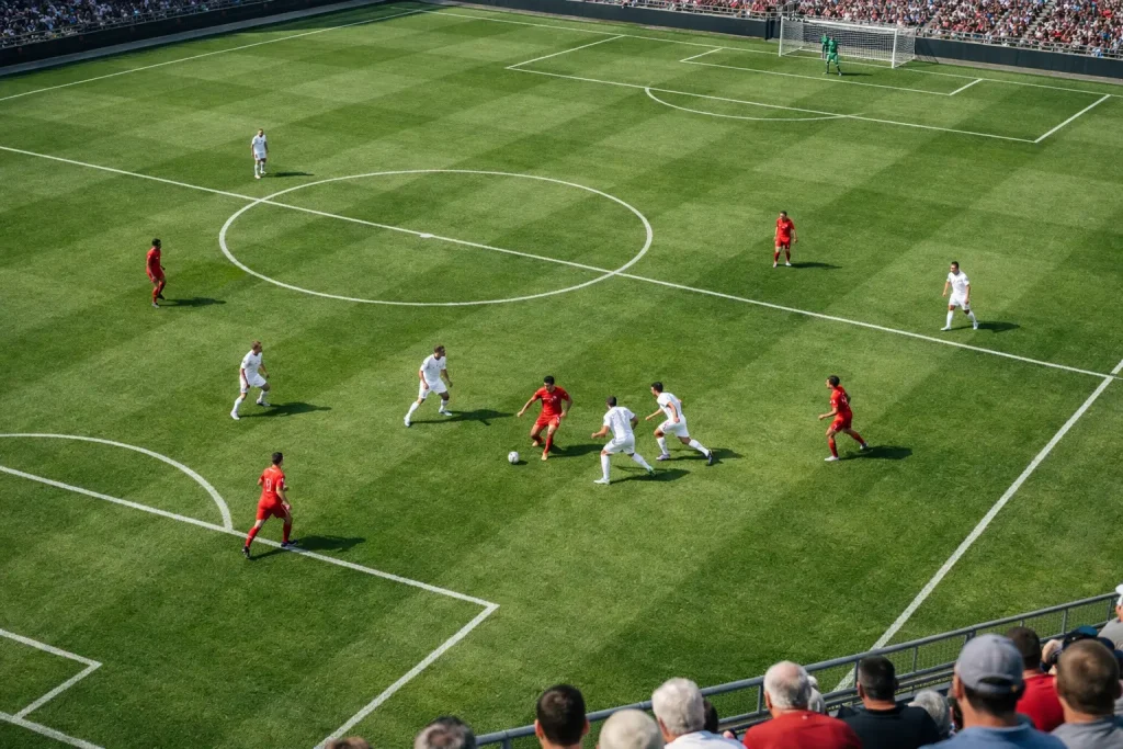 Campo da calcio visto dall'alto con giocatori in azione durante una partita diurna