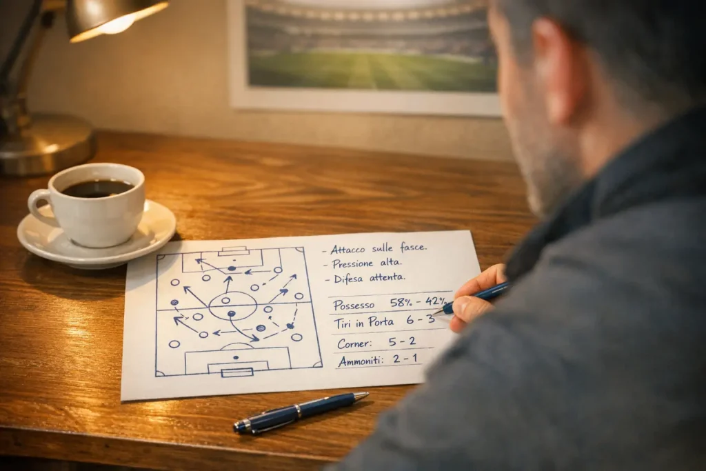 Analista sportivo che studia statistiche di calcio su un foglio con appunti e dati